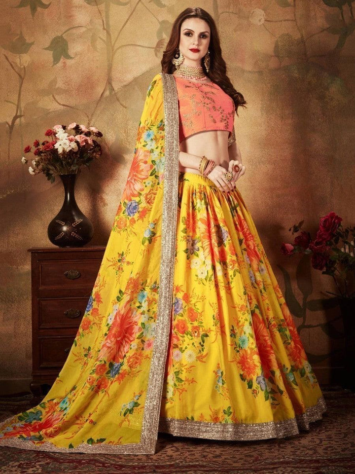 Yellow Digital Printed Organza Silk Wedding Lehenga Choli With Orange Blouse