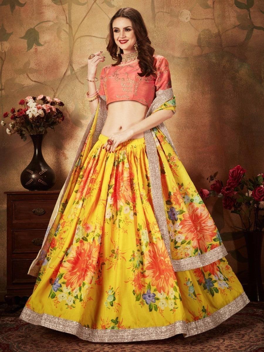 Yellow Digital Printed Organza Silk Wedding Lehenga Choli With Orange Blouse