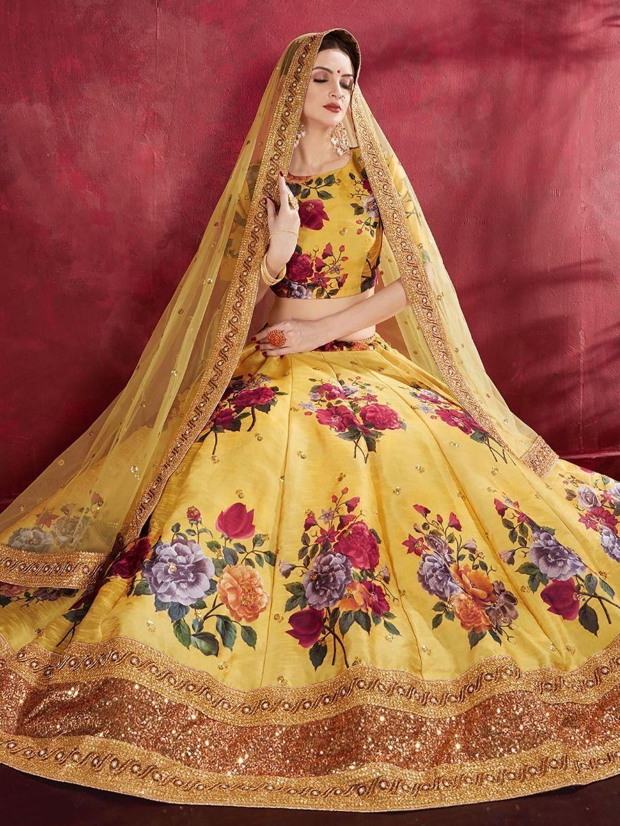 Yellow Floral Print Banglori Silk Haldi Wear Lehenga Choli