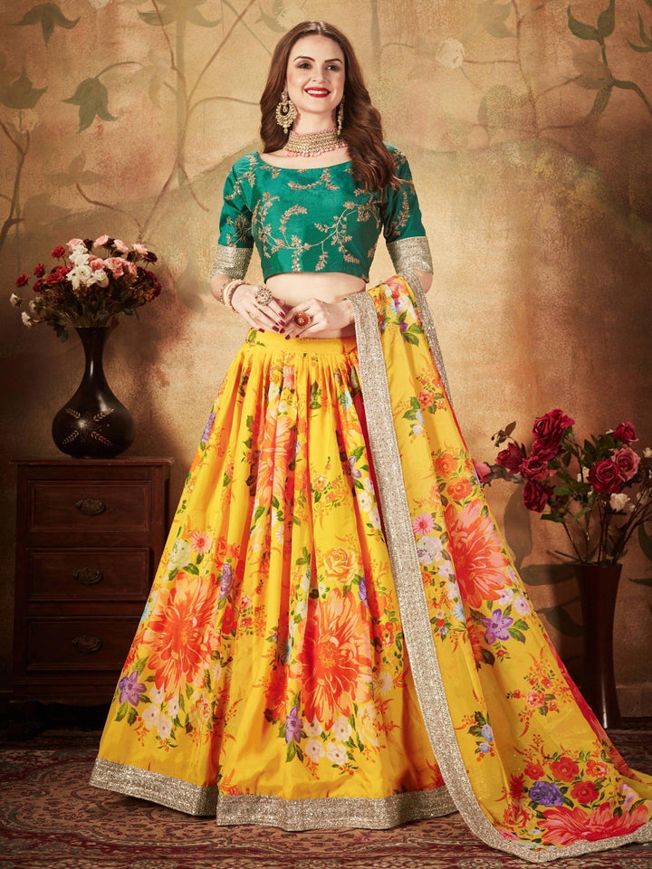 Yellow-Green Floral Digital Printed Organza Bridal Lehenga Choli