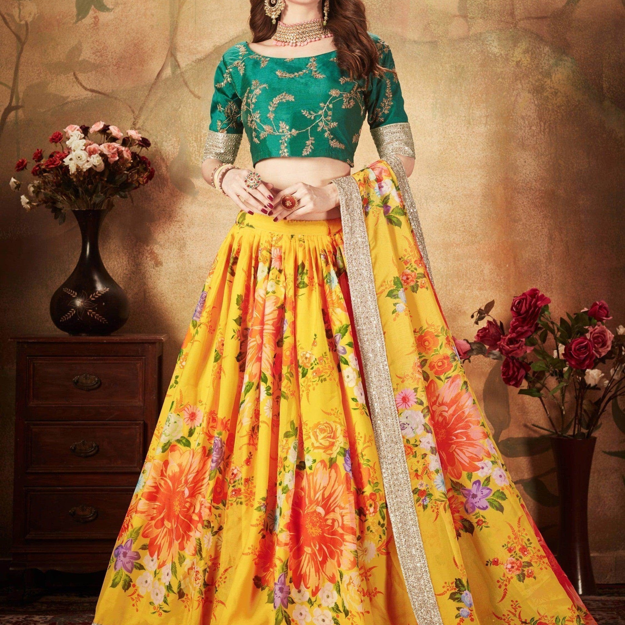 Yellow-Green Floral Digital Printed Organza Bridal Lehenga Choli - Zeel Clothing