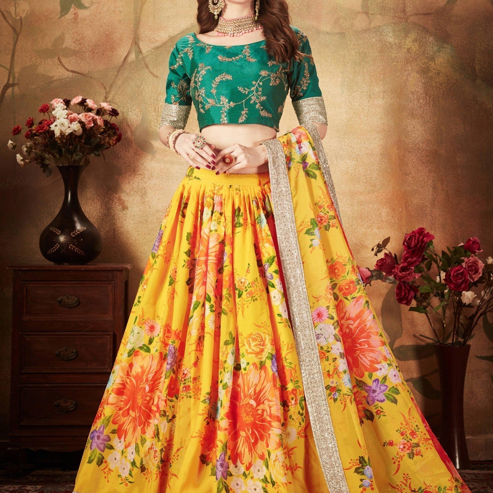 Yellow-Green Floral Digital Printed Organza Bridal Lehenga Choli