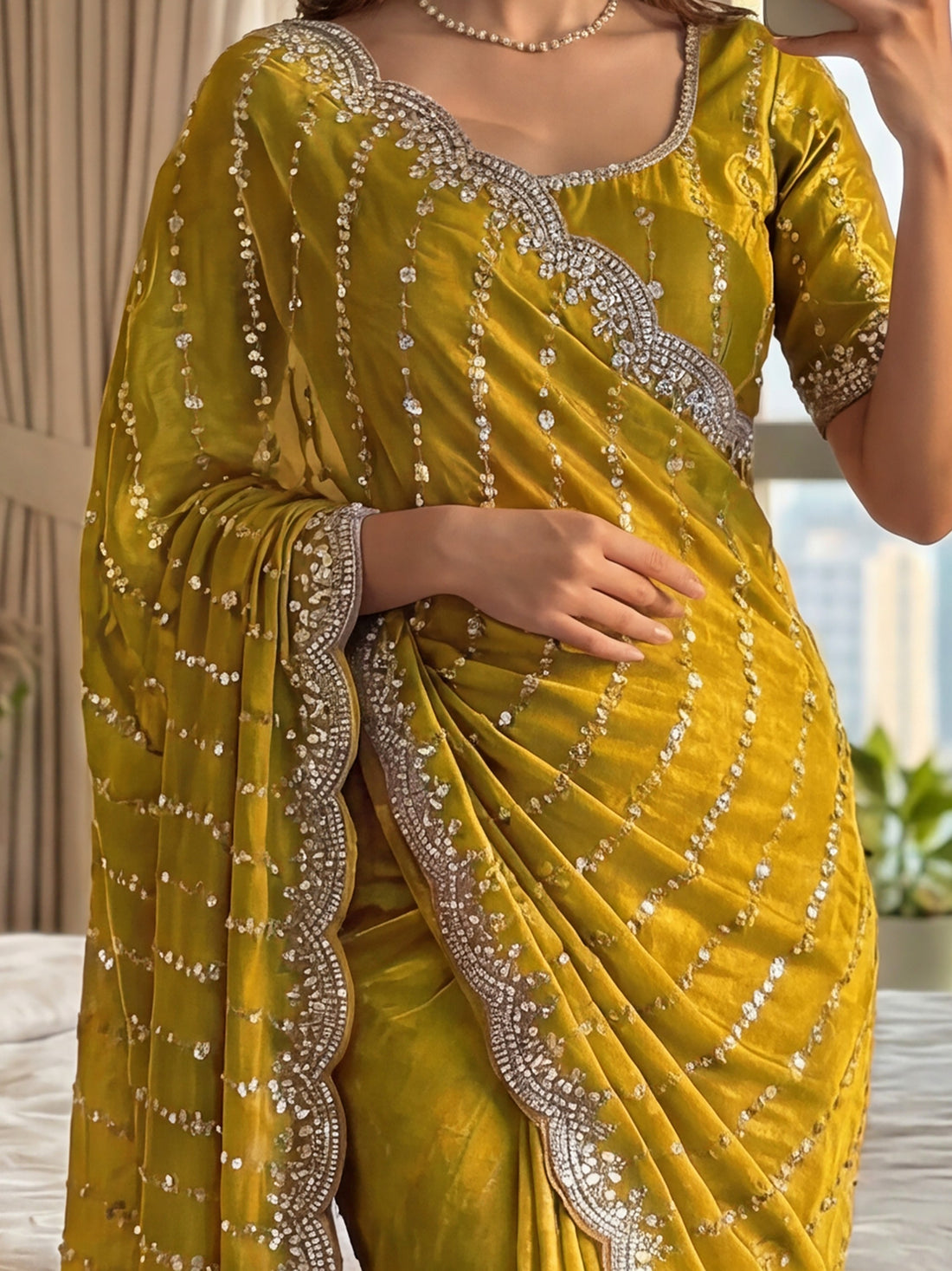 Great Yellow Bead Embroidered Satin Haldi Wear Saree With Blouse