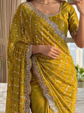 Great Yellow Bead Embroidered Satin Haldi Wear Saree With Blouse