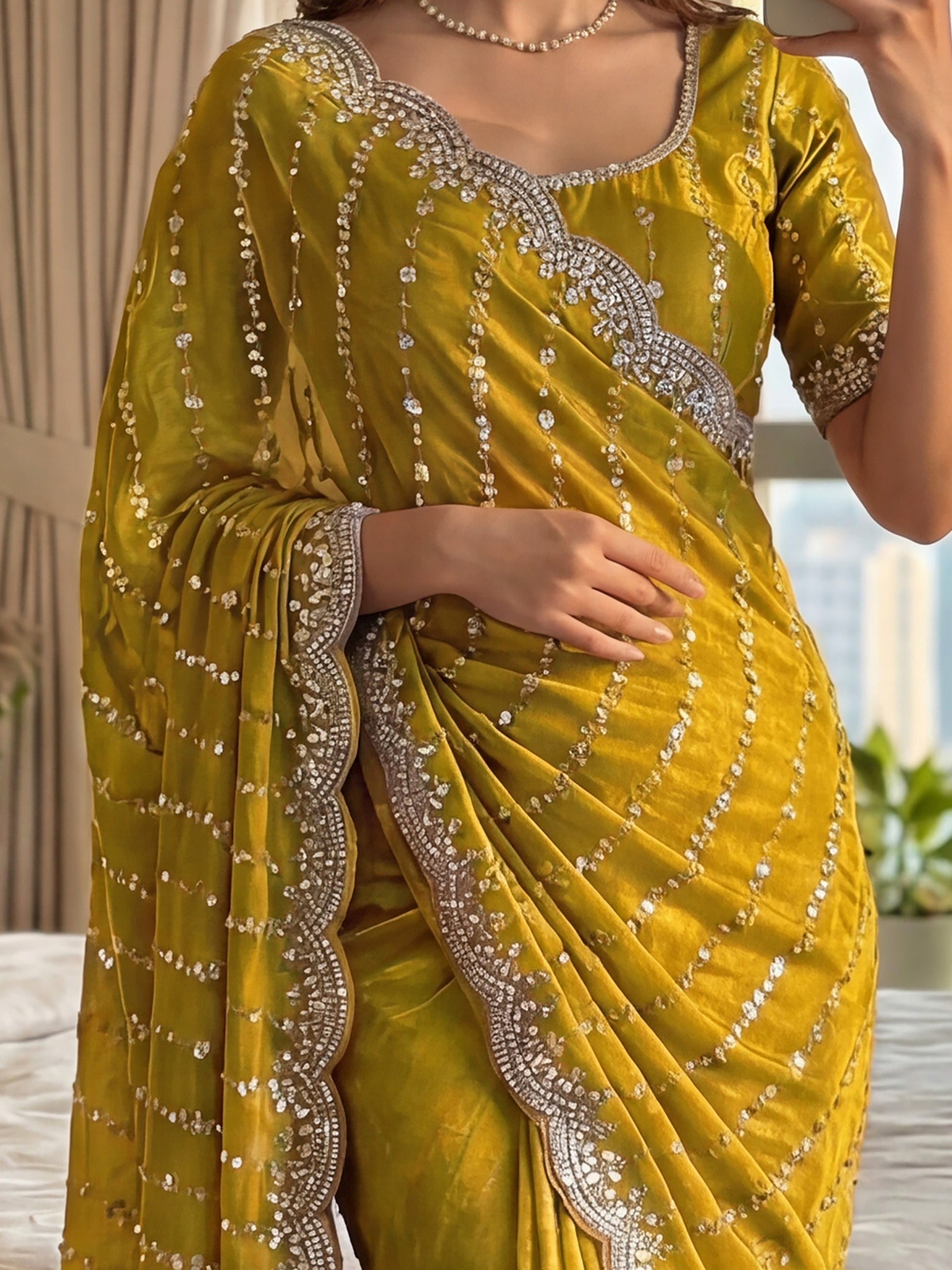 Great Yellow Bead Embroidered Satin Haldi Wear Saree With Blouse