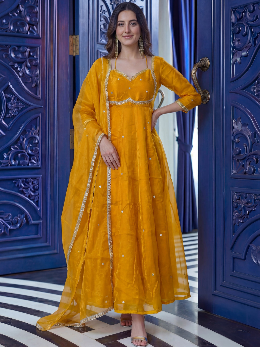 Great Mustard Yellow Sequins Silk Haldi Wear Anarkali Gown With Dupatta