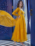 Great Mustard Yellow Sequins Silk Haldi Wear Anarkali Gown With Dupatta