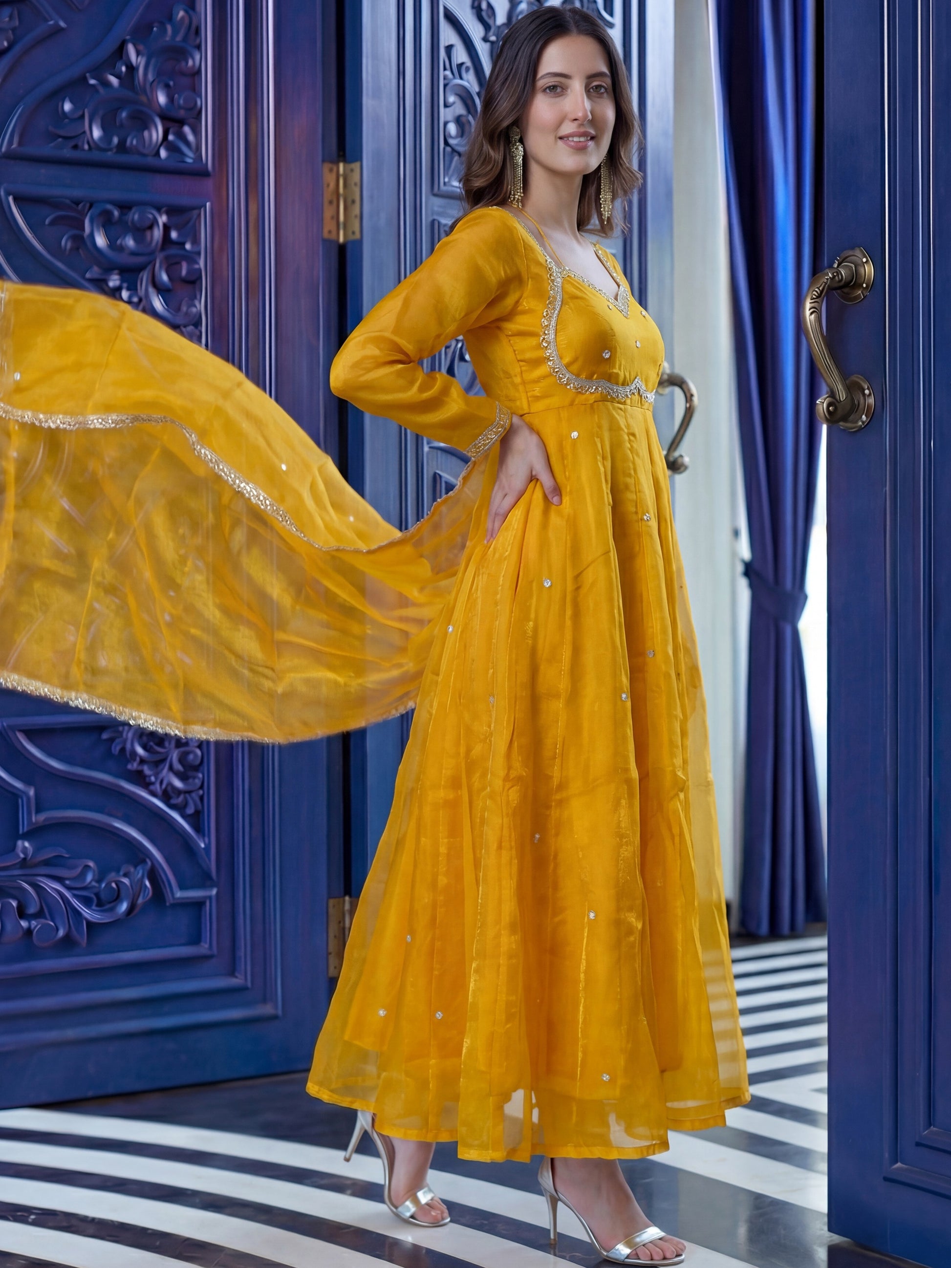 Great Mustard Yellow Sequins Silk Haldi Wear Anarkali Gown With Dupatta