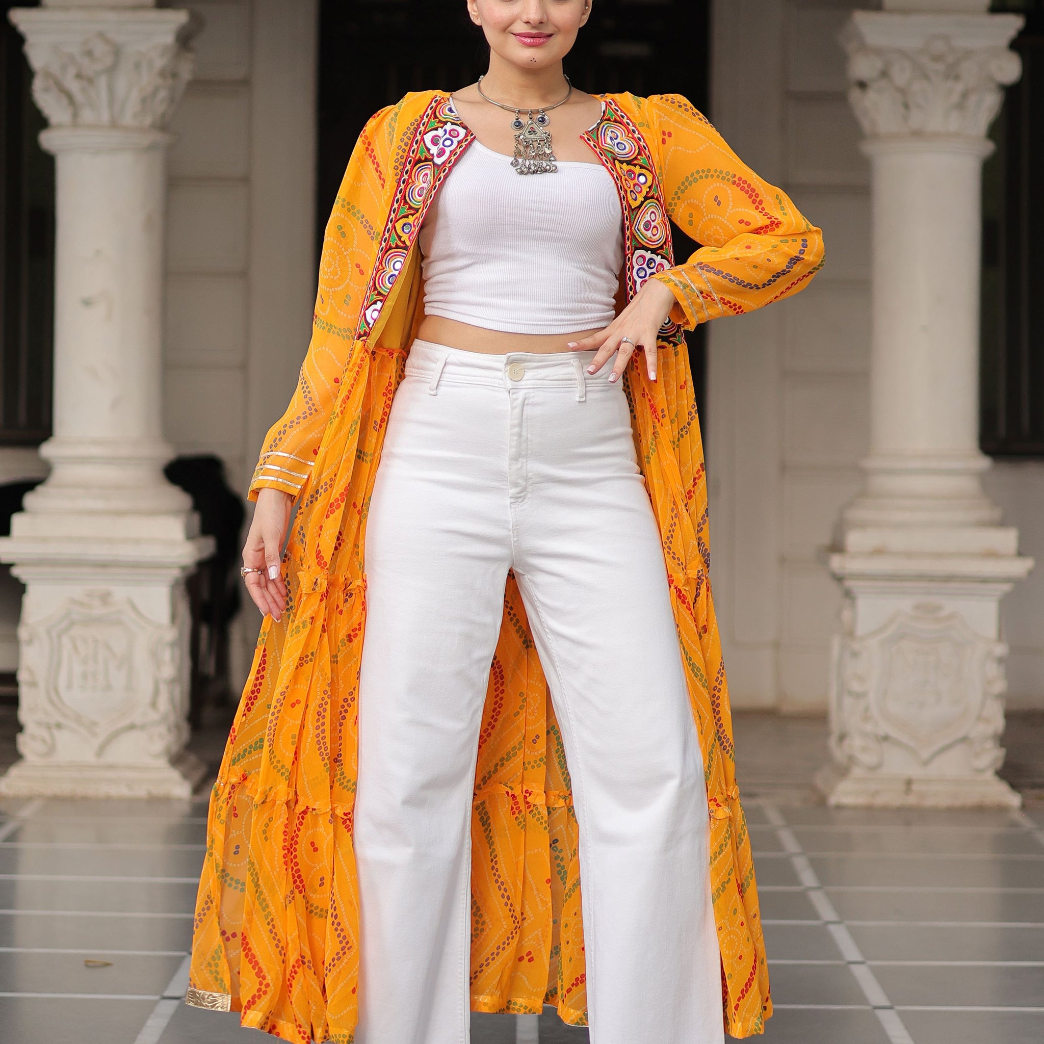 Terrific Yellow Kutchi Patch Work Georgette Navratri Wear Long Shrug