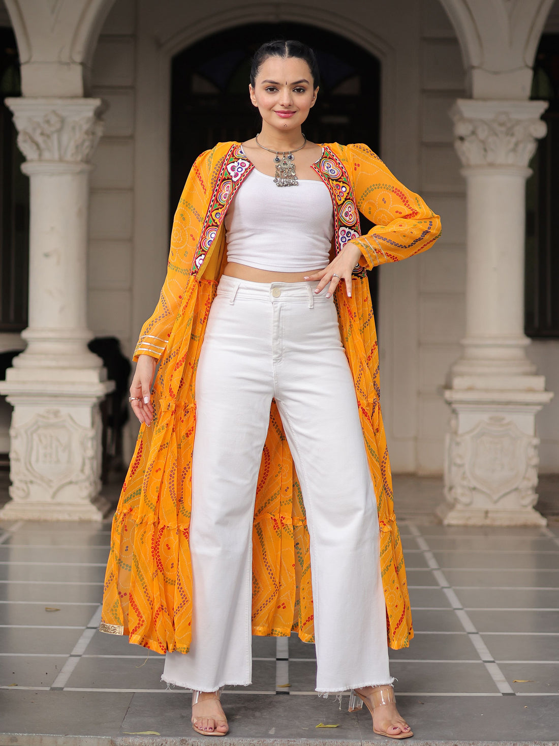 Terrific Yellow Kutchi Patch Work Georgette Navratri Wear Long Shrug
