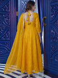 Great Mustard Yellow Sequins Silk Haldi Wear Anarkali Gown With Dupatta