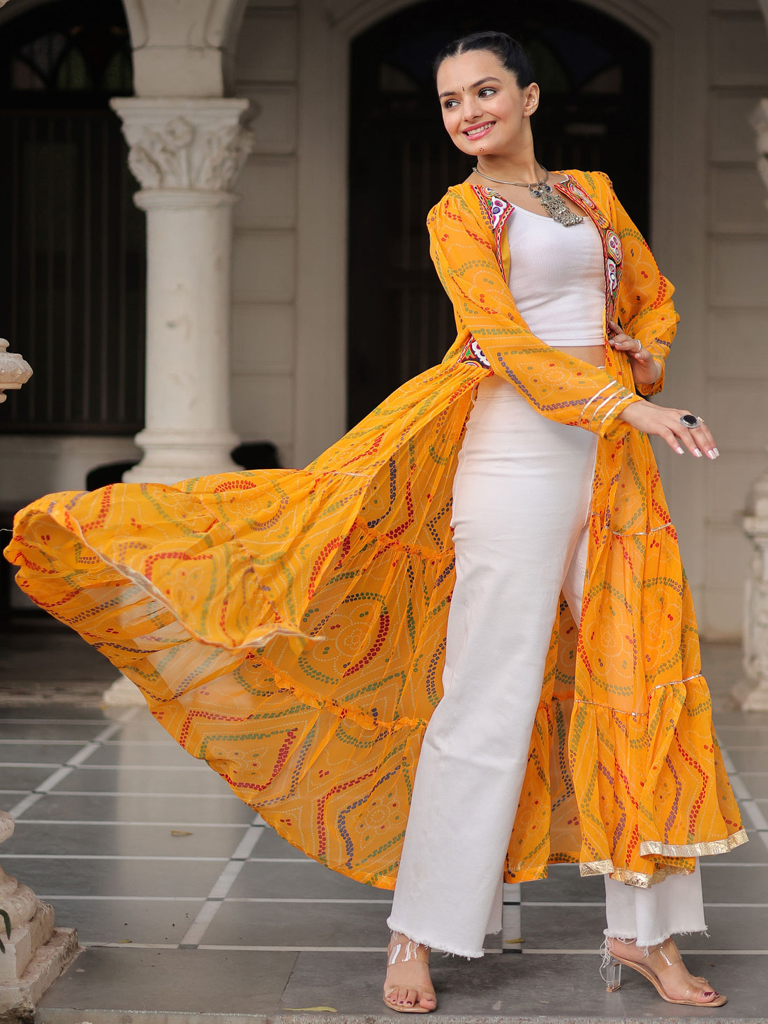 Terrific Yellow Kutchi Patch Work Georgette Navratri Wear Long Shrug