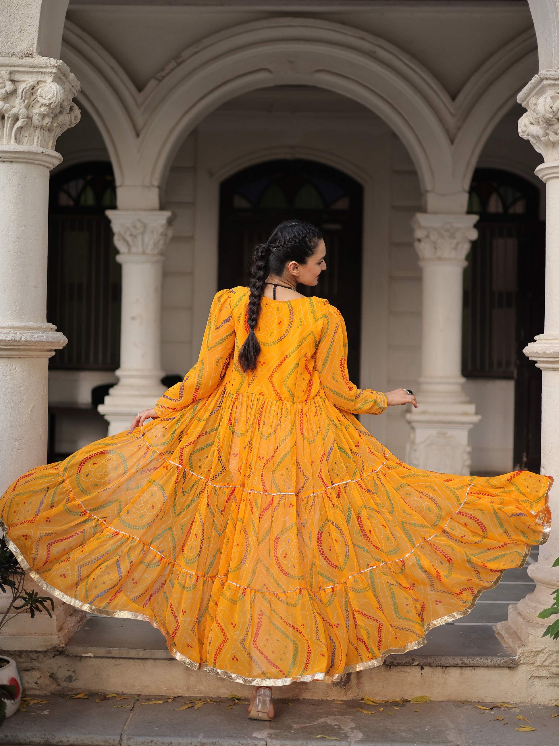 Terrific Yellow Kutchi Patch Work Georgette Navratri Wear Long Shrug