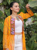 Terrific Yellow Kutchi Patch Work Georgette Navratri Wear Long Shrug