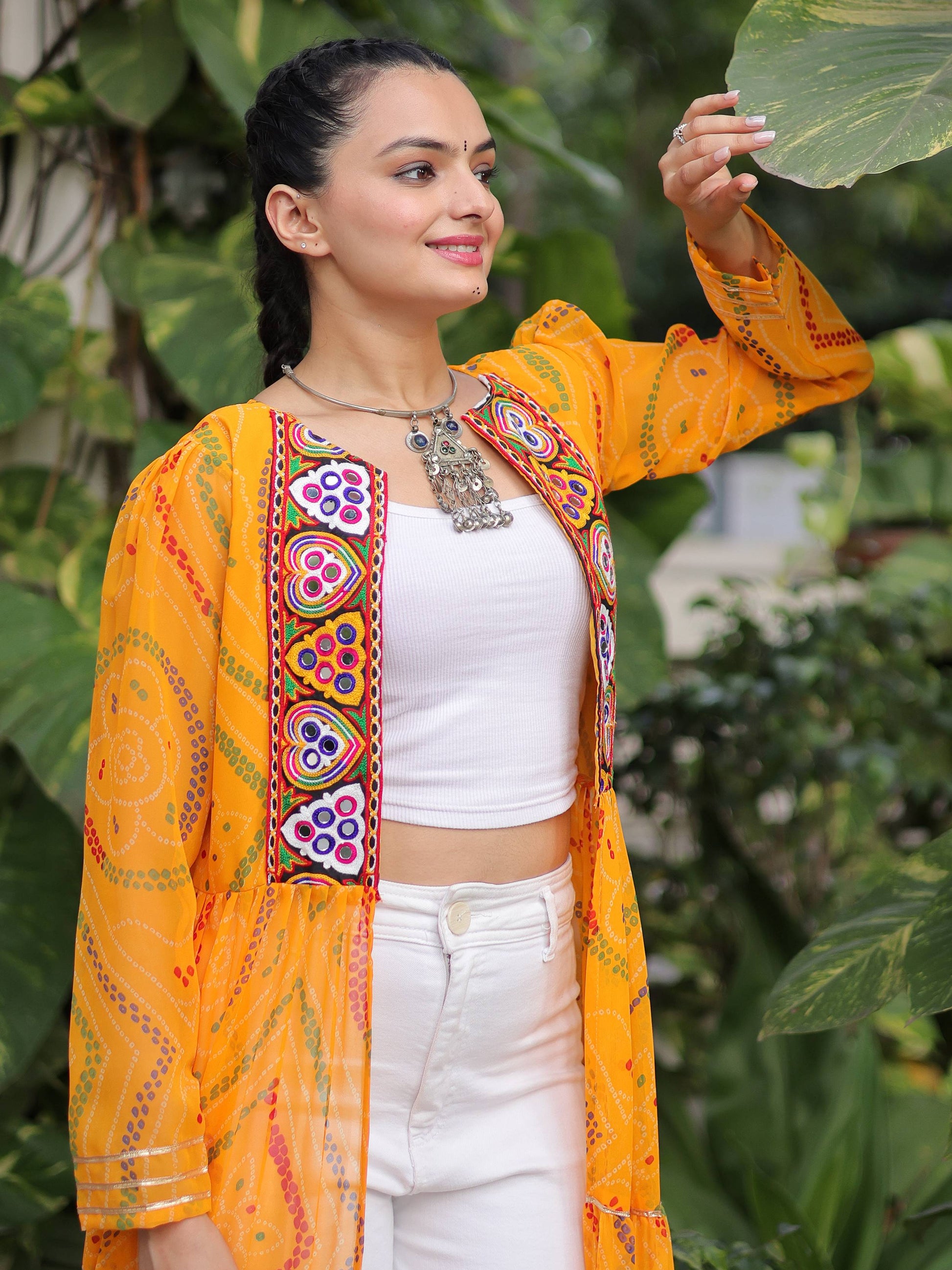 Terrific Yellow Kutchi Patch Work Georgette Navratri Wear Long Shrug