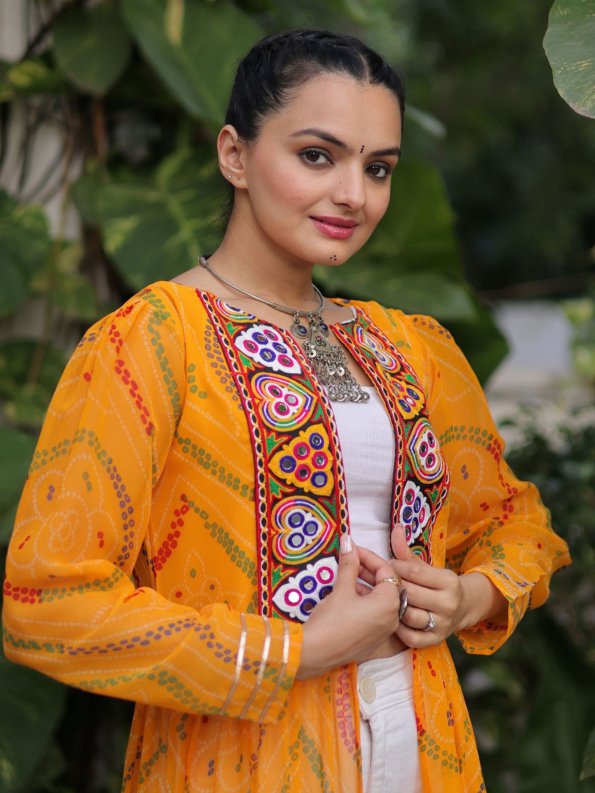 Terrific Yellow Kutchi Patch Work Georgette Navratri Wear Long Shrug