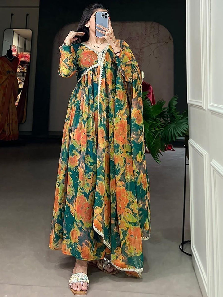 Attractive Green Floral Printed Georgette Gown With Dupatta