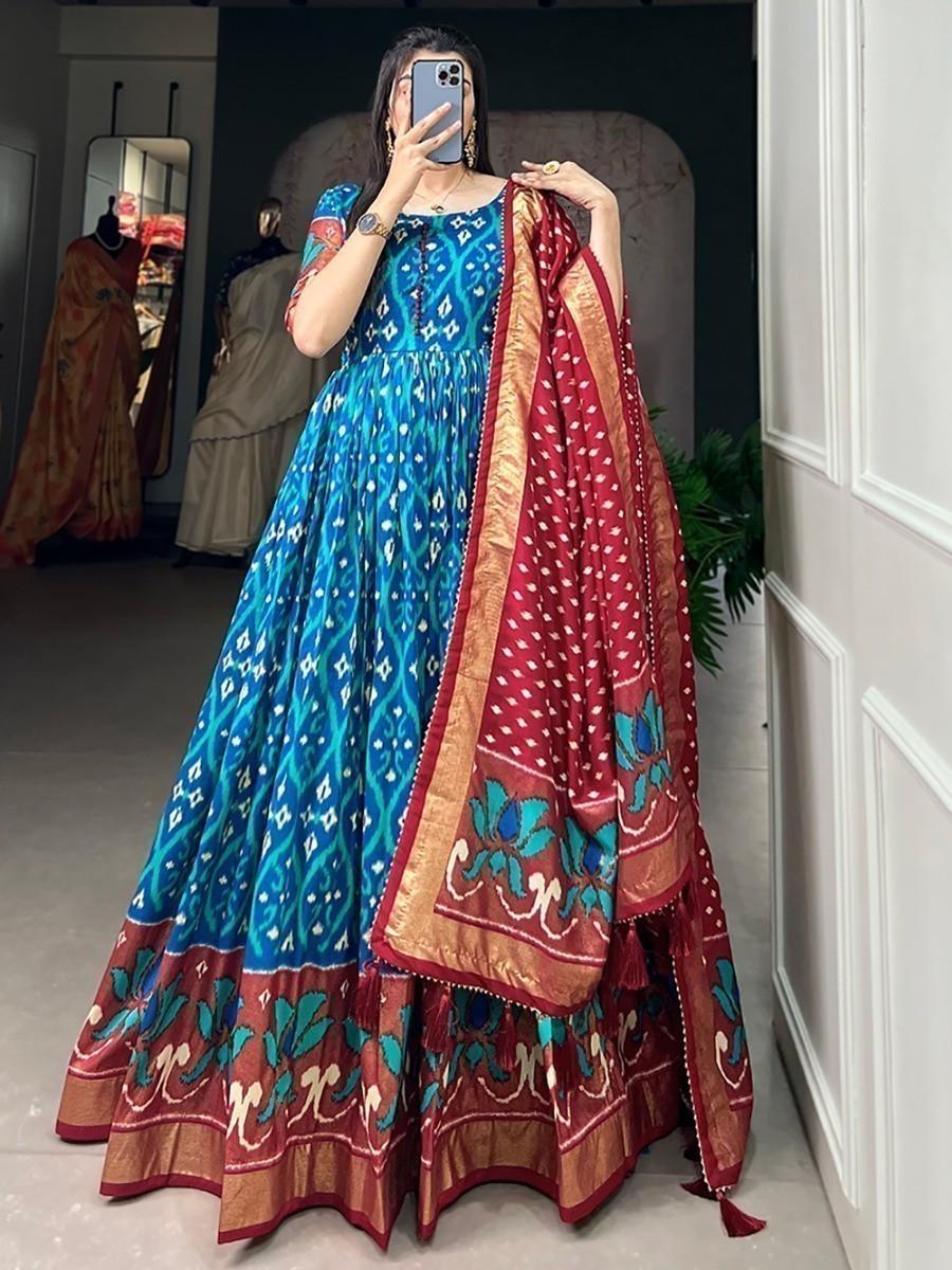 Pretty Blue Patola Printed Silk Function Wear Gown With Dupatta
