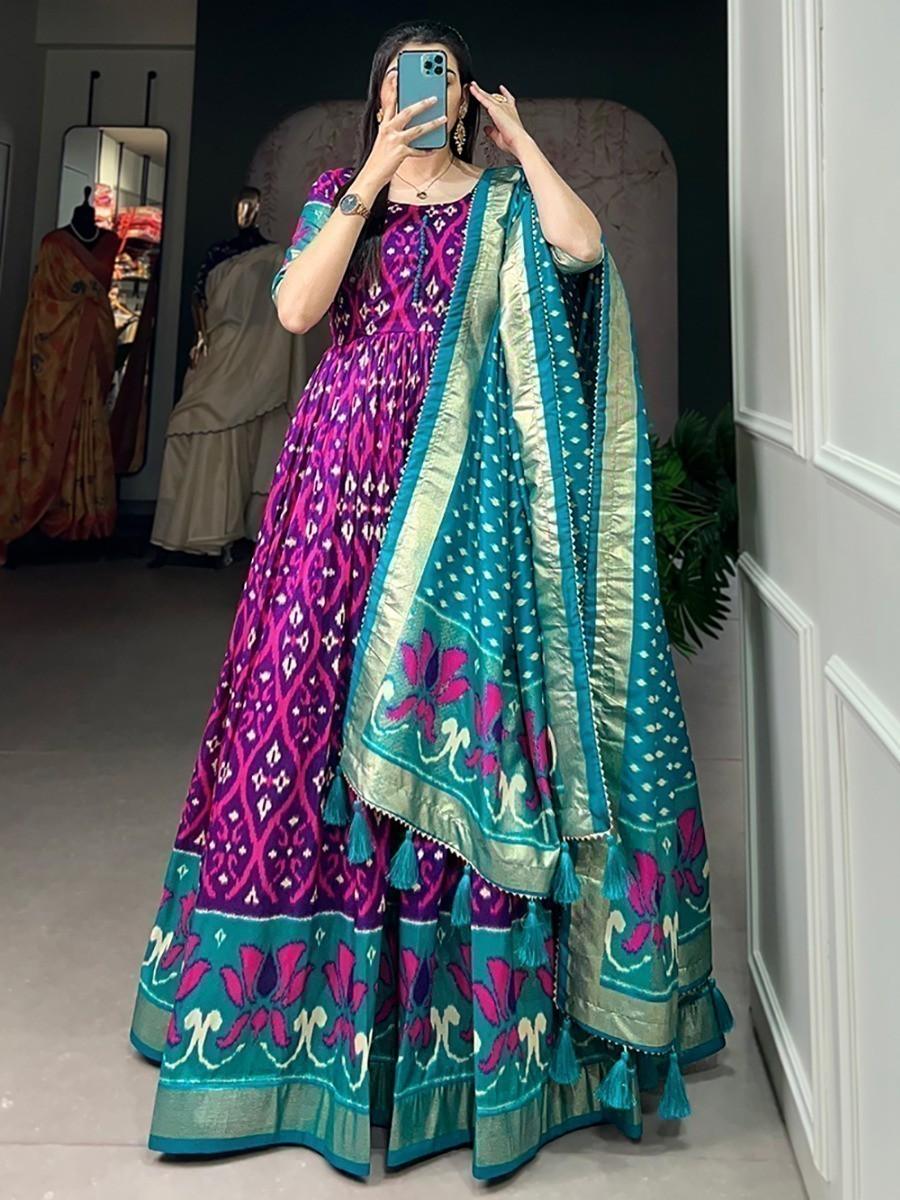 Fetching Purple Patola Printed Silk Events Wear Gown With Dupatta