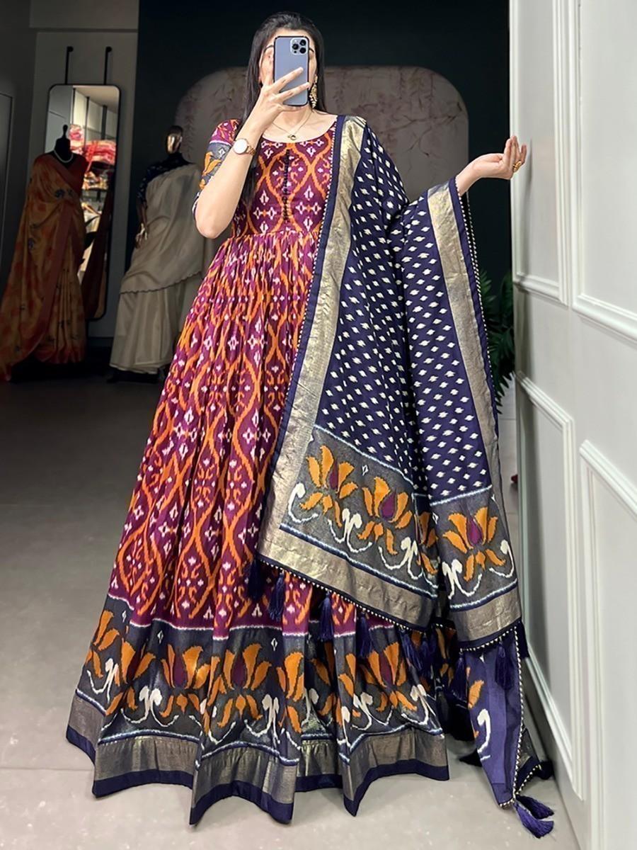 Incredible Wine Patola Printed Silk Events Wear Gown With Dupatta