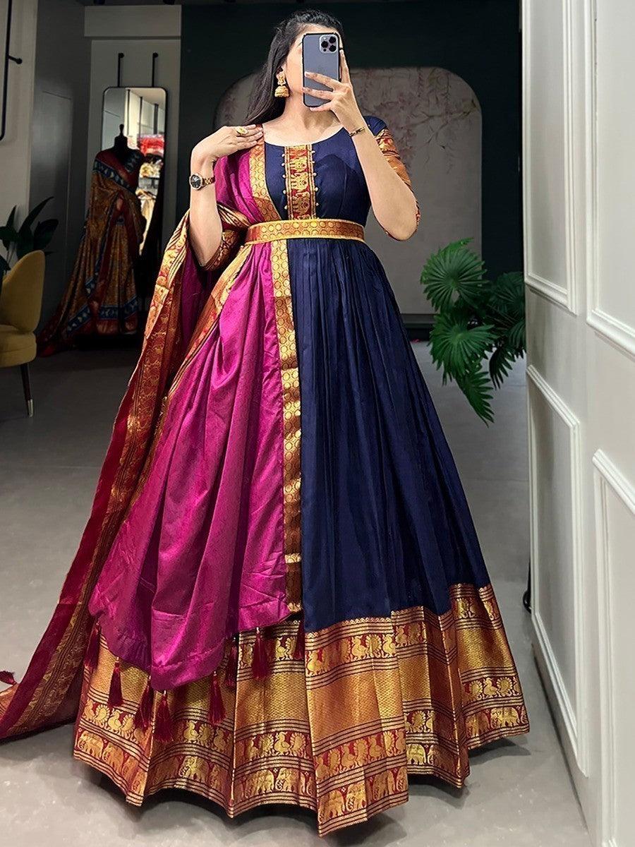 Adorable Navy Blue Zari Woven Cotton Traditional Gown With Dupatta
