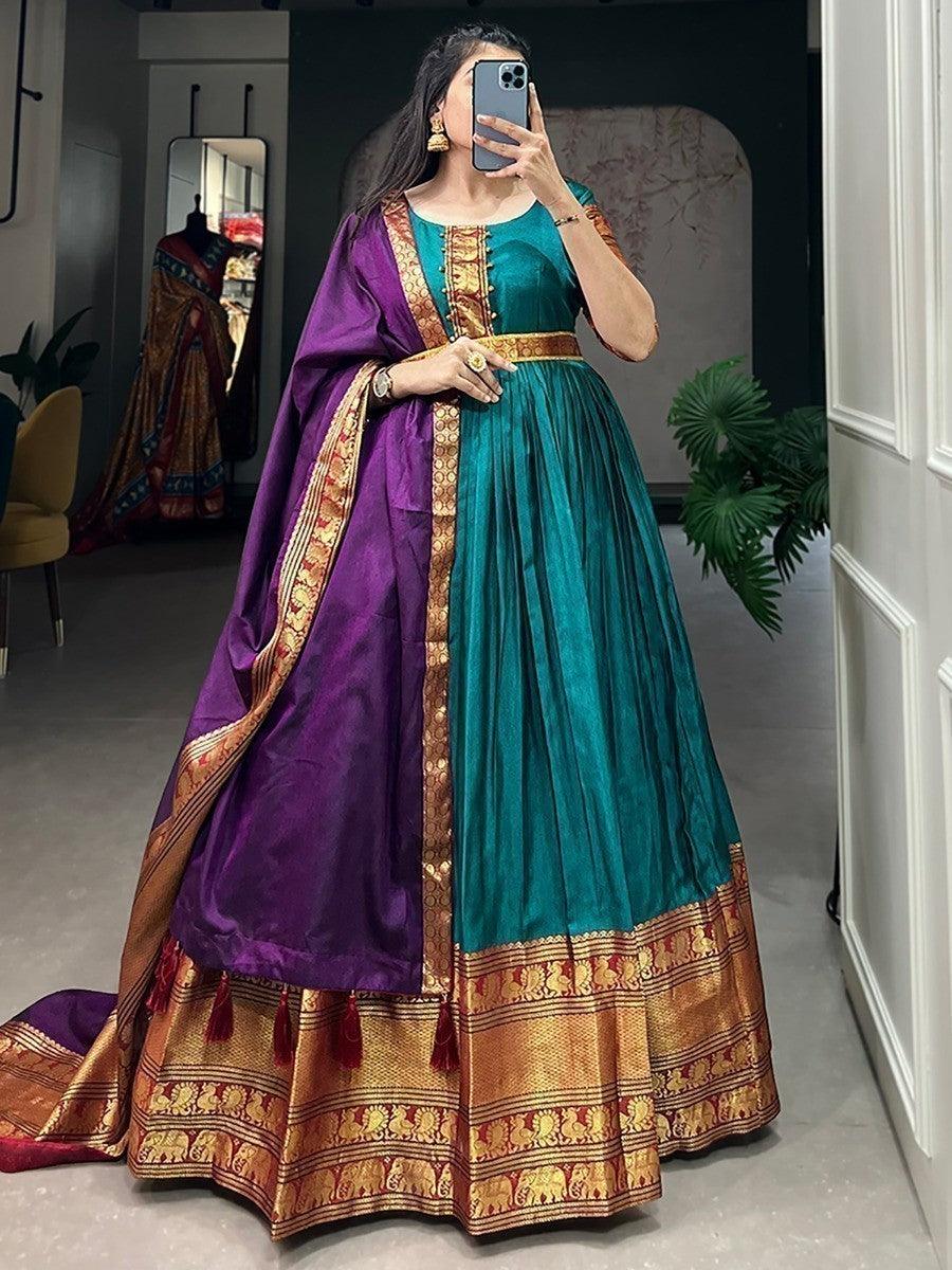 Fancified Teal Blue Zari Woven Cotton Festive Wear Gown With Dupatta