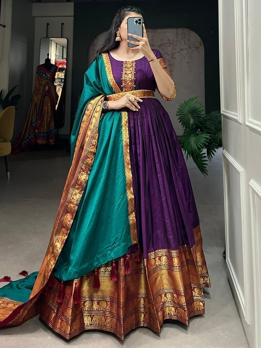 Captivating Purple Zari Woven Cotton Events Wear Gown With Dupatta