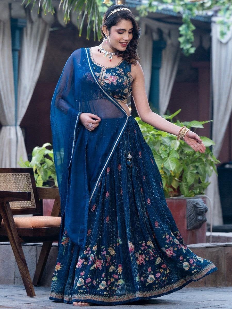 Awesome Blue Floral Printed Chinon Lehenga Choli With Dupatta