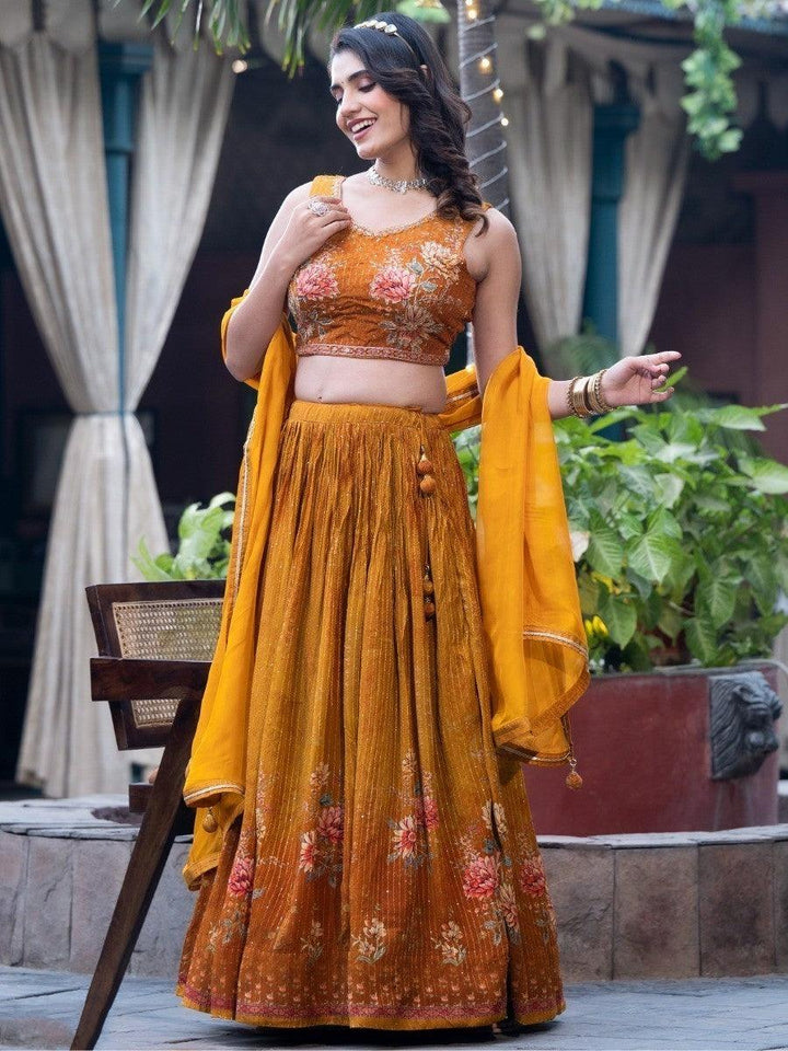 Wonderful Mustard Yellow Sequins Chinon Lehenga Choli With Dupatta