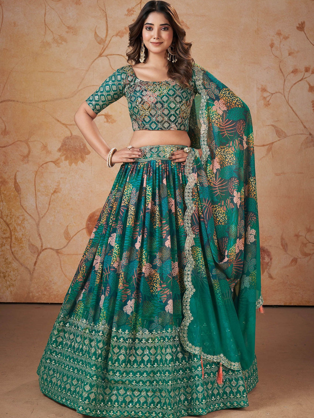 Outstanding Green Digital printed Georgette Mehendi Wear Lehenga Choli