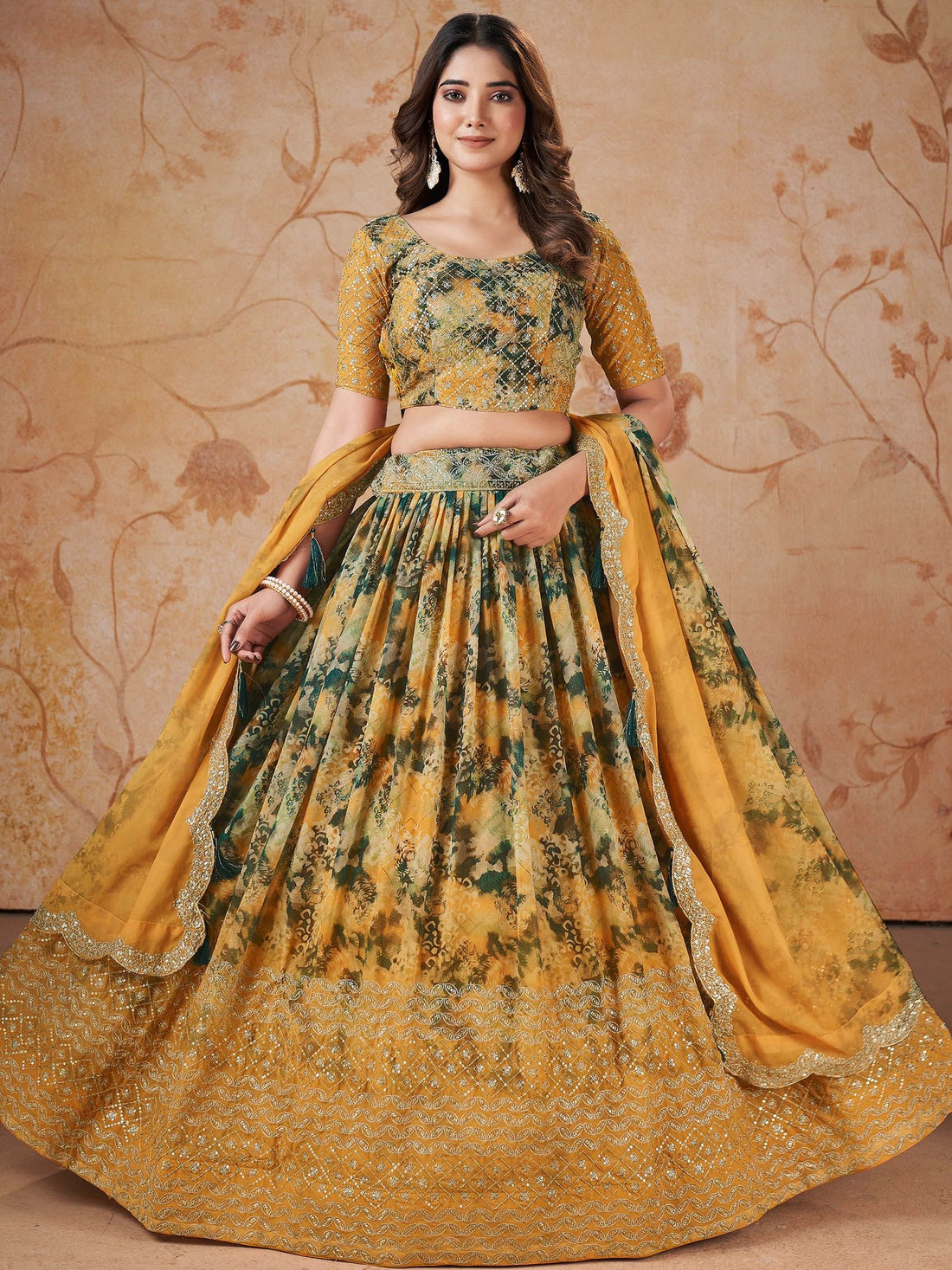 Great Yellow Zari Embroidered Georgette Festive Wear Lehenga Choli With Dupatta