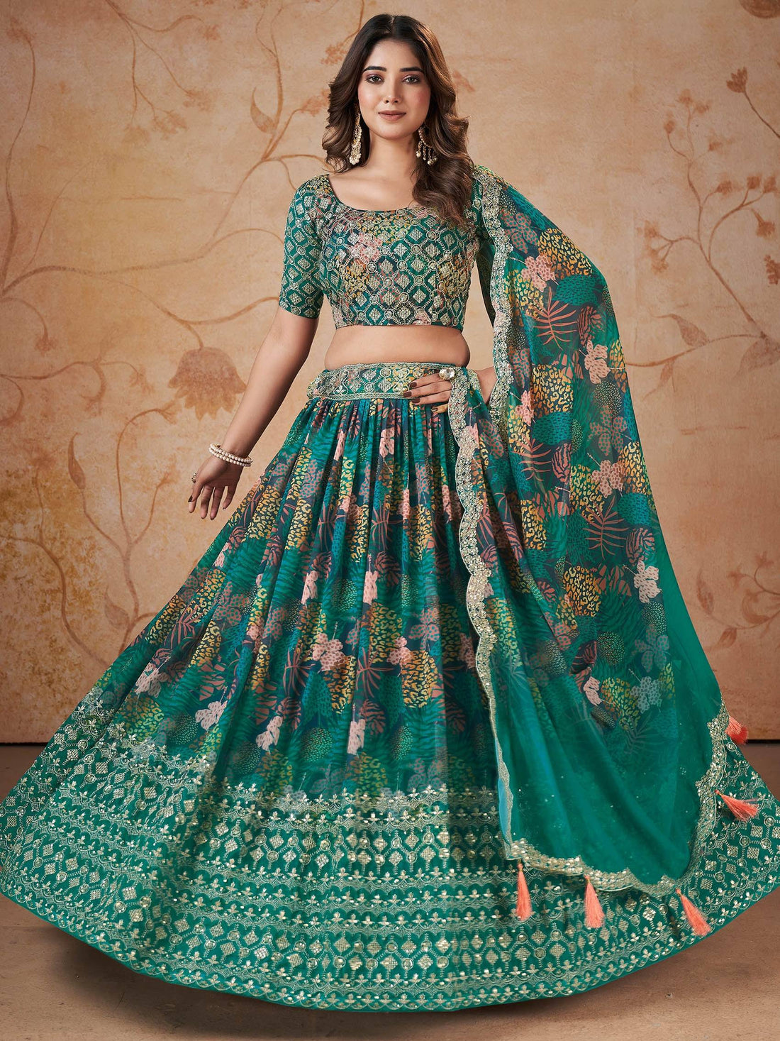 Outstanding Green Digital printed Georgette Mehendi Wear Lehenga Choli