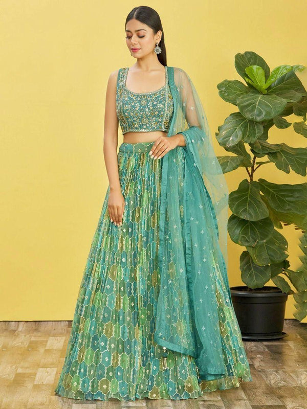 Stunning Sea Green Mirror Work Organza Wedding Lehenga Choli