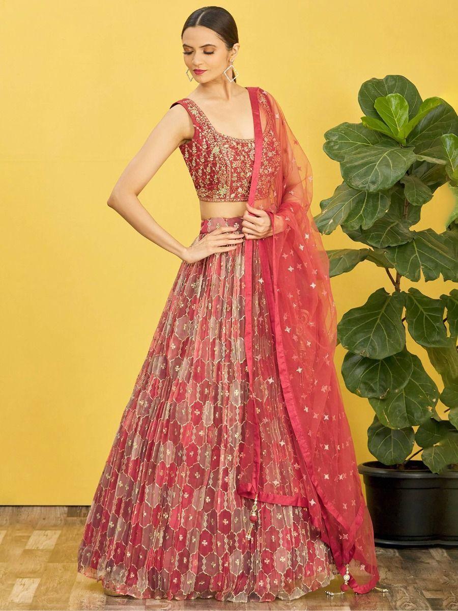 Ravishing Brown Mirror Work Organza Engagements Lehenga Choli