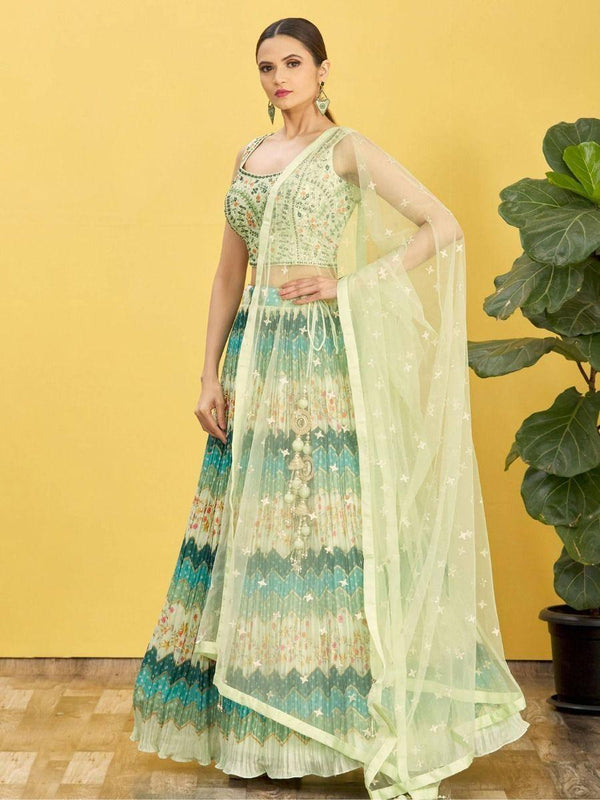 Charming Green Embroidered Work Chinon Reception Lehenga Choli