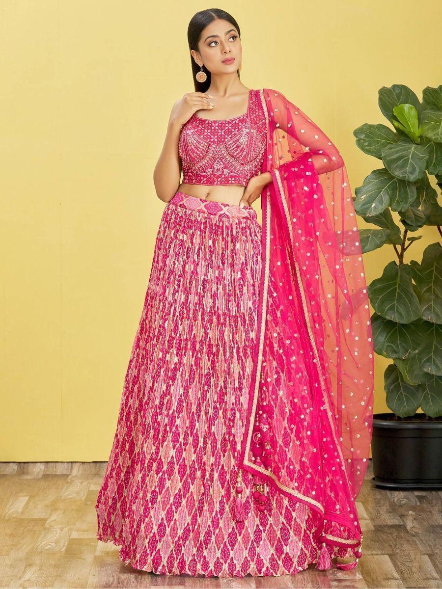 Adorable Pink Embroidered Work Chinon Wedding Lehenga Choli