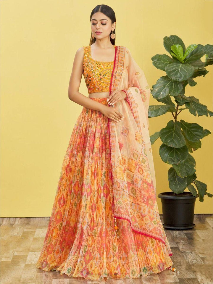 Glamorous Yellow Mirror Work Organza Haldi Ceremony Lehenga Choli
