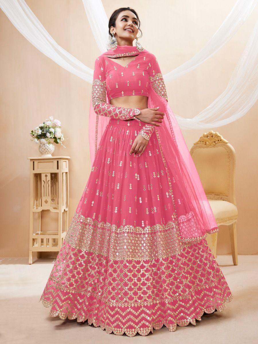 Alluring Pink Sequins Georgette Bridesmaid Lehenga Choli With Dupatta