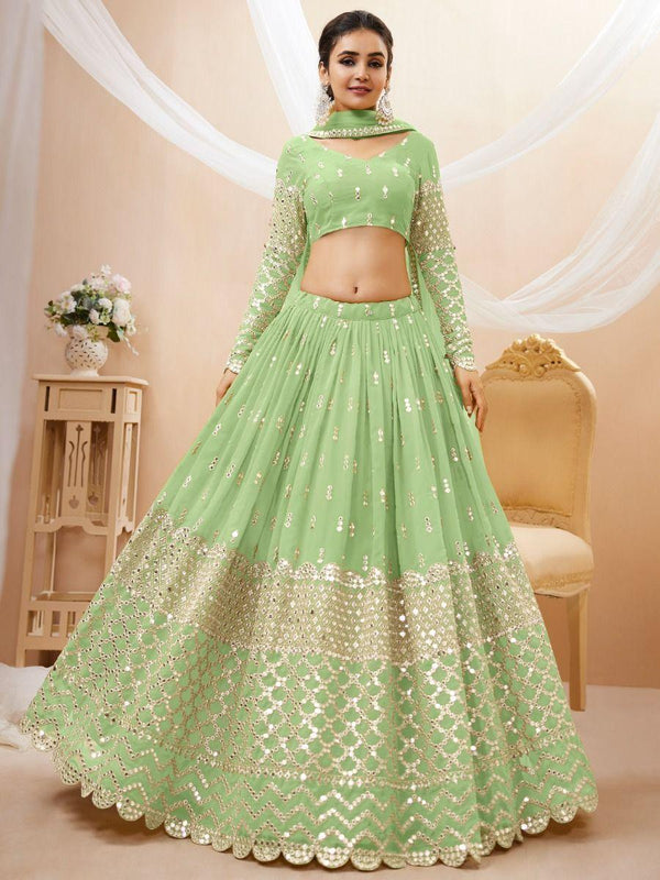 Amazing Pista Green Sequins Georgette Reception Wear Lehenga Choli