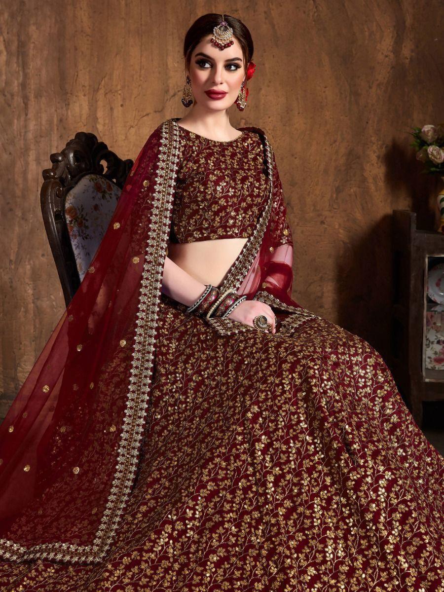 Captivating Maroon Sequins Raw Silk Lehenga Choli With Dupatta