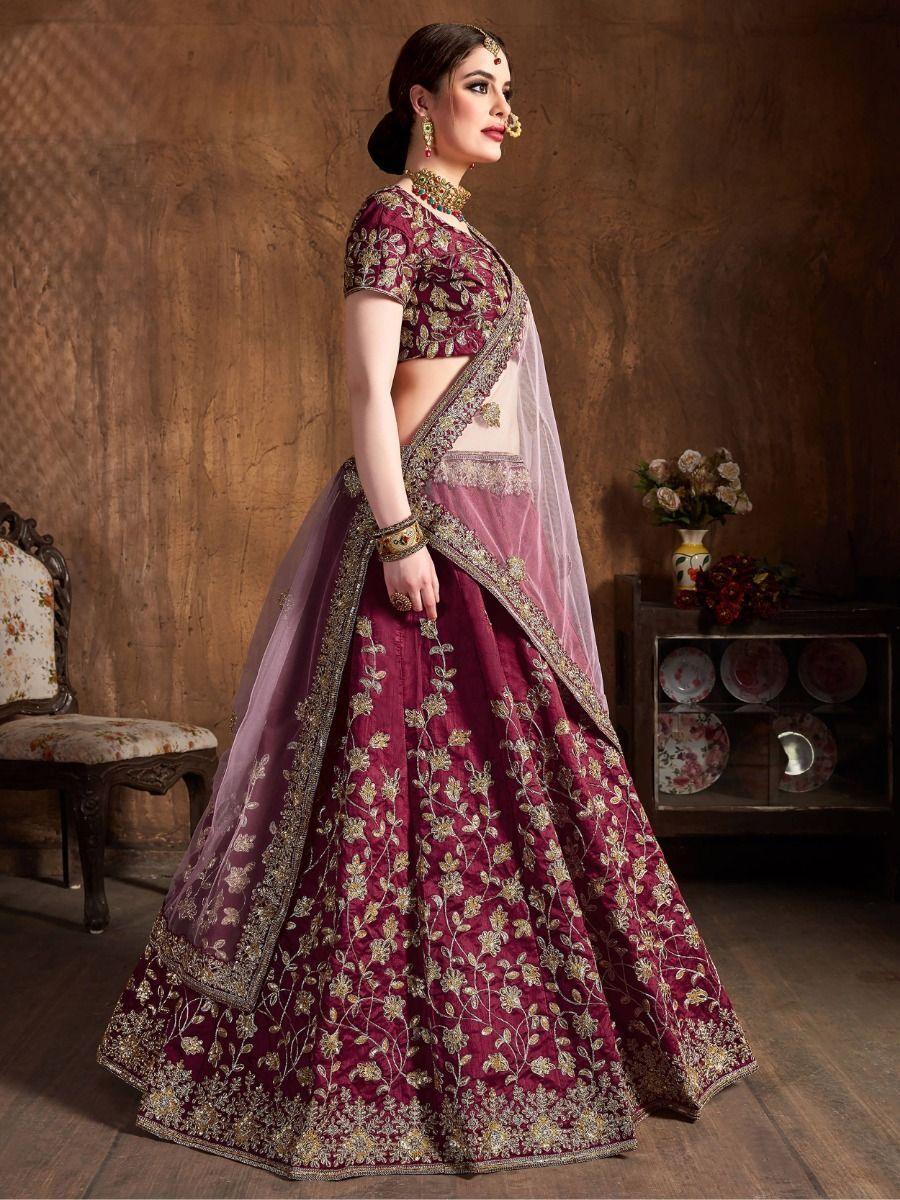 Stunning Maroon Sequins Raw Silk Lehenga Choli With Soft Net Dupatta