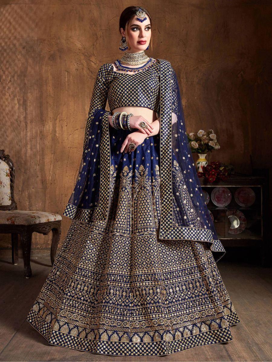 Adorable Navy Blue Sequins Raw Silk Lehenga Choli With Dupatta