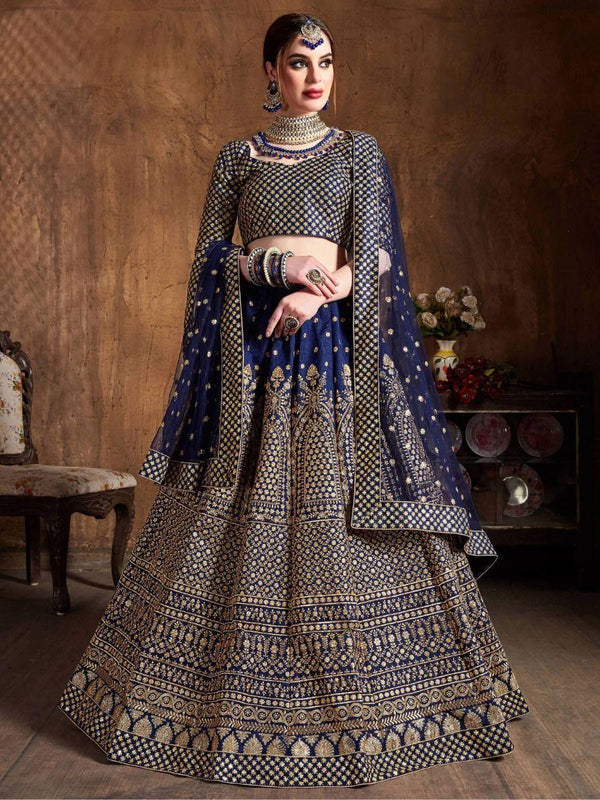 Adorable Navy Blue Sequins Raw Silk Lehenga Choli With Dupatta