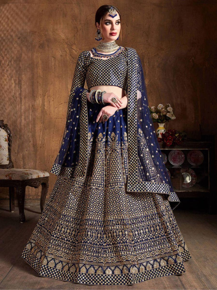 Adorable Navy Blue Sequins Raw Silk Lehenga Choli With Dupatta
