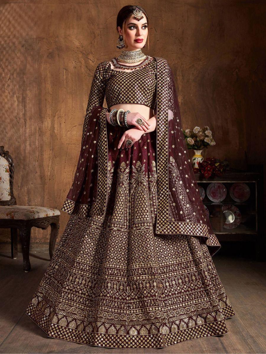 Charming Maroon Sequins Raw Silk Reception Wear Lehenga Choli