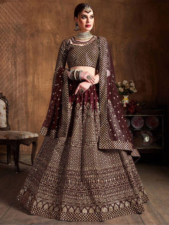 Charming Maroon Sequins Raw Silk Reception Wear Lehenga Choli