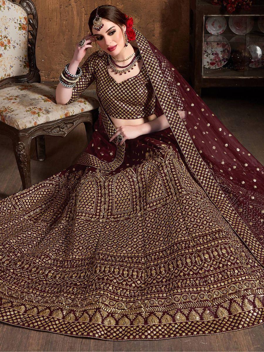 Charming Maroon Sequins Raw Silk Reception Wear Lehenga Choli