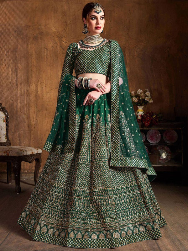 Magnetic Green Sequins Raw Silk Wedding Wear Lehenga Choli