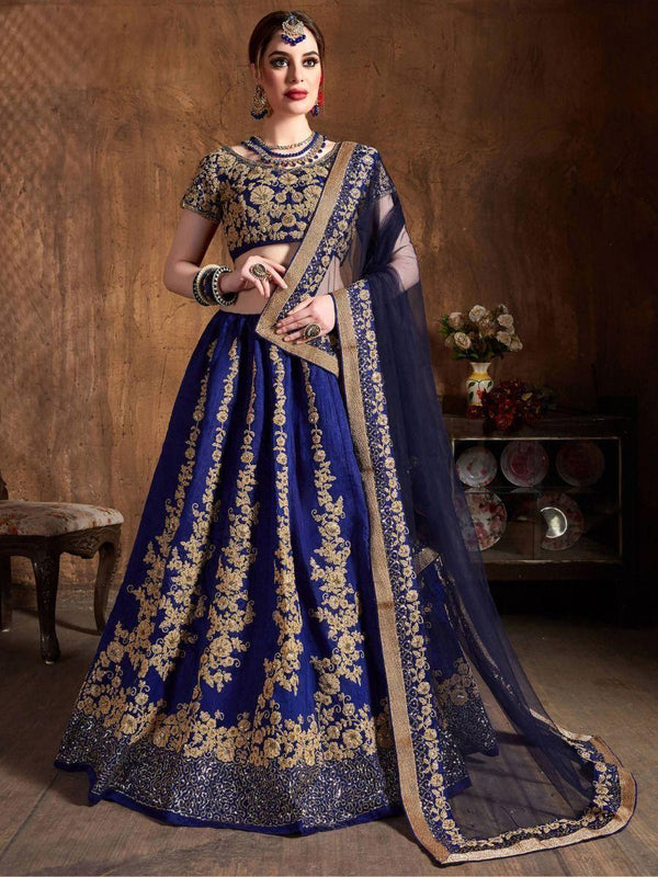 Fascinating Navy Blue Embroidered Raw Silk Lehenga Choli
