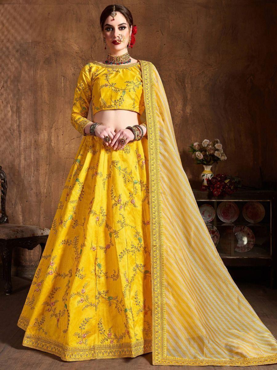 Interesting Yellow Embroidered Mulberry Silk Haldi Wear Lehenga Choli